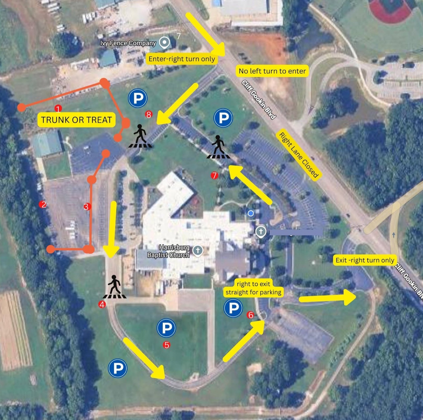 Aerial parking map of Harrisburg Baptist Church. Enter from Cliff Gookin Blvd with a right turn only; no left turn to enter; the right lane is closed. Park in the lot next to the Trunk or Treat area on the west side and walk over. Exit with a right turn only.